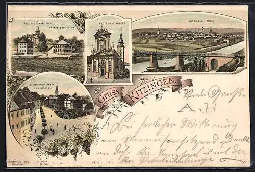 Lithographie Kitzingen / Main, Deuster'sches Schloss, Rathaus, Panorama mit Brücke