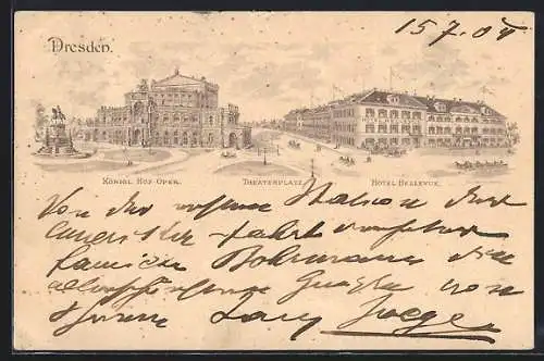 Künstler-AK Dresden, Hotel Bellevue, Königl. Hof-Oper, Theaterplatz