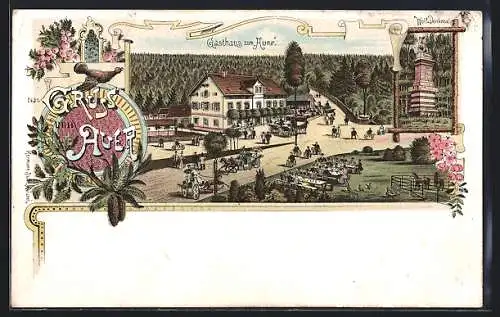 Lithographie Moritzburg / Sachsen, Gasthaus Zum Auer, Wolf-Denkmal
