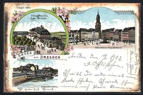 Lithographie Dresden, Altmarkt mit Siegesdenkmal und Feldschlösschen