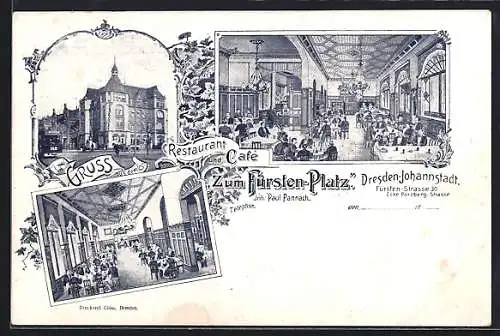 Lithographie Dresden-Johannstadt, Restaurant und Cafe Zum Fürsten Platz, Inh. Paul Pannach, Fürsten Strasse 30
