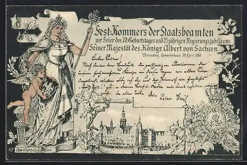 Künstler-AK Dresden, Feier 70. Geburtstages und 25 jährigen Regierungsjubiläums des Königs Albert von Sachsen