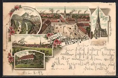 Lithographie Wilsdruff, Markt, Eisenbahnbrücke, Totalansicht, Schloss