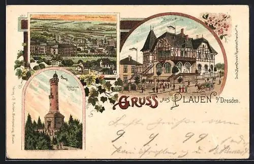 Lithographie Dresden-Plauen, Gasthof Parkschänke, Bismarck-Thurm