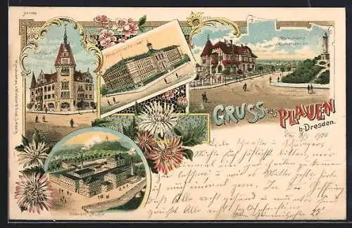 Lithographie Dresden-Plauen, Gasthaus Parkschänke und Bismarckturm, Bienert-Mühle, Königl. Lehrer Seminar