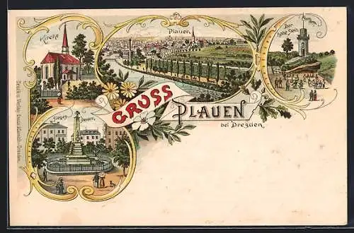 Lithographie Dresden-Plauen, Ortsansicht, Der hohe Stein, Kirche, Sieges-Denkmal