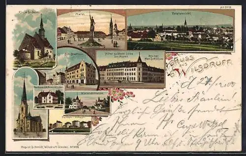 Lithographie Wilsdruff, Hotel goldener Löwe am Markt, Bes. Max Schlöfser, Wielandstrasse, Markt