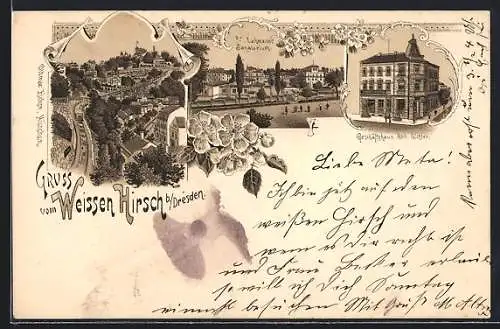 Lithographie Dresden-Weisser Hirsch, Gasthaus Weisser Hirsch, Geschäftshaus Rob. Richter, Dr. Lahmann`s Sanatorium