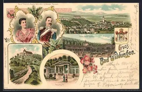 Lithographie Bad Wildungen, Fürst Friedrich & Fürstin Bathildis zu Waldeck-Pyrmont, Helenquelle, Ortsansicht, Schloss