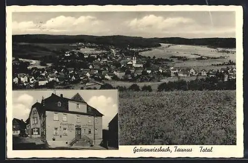 AK Grävenwiesbach /Taunus, Gasthaus zum Löwen, Inh. Karl Born und Ortsansicht aus der Vogelschau