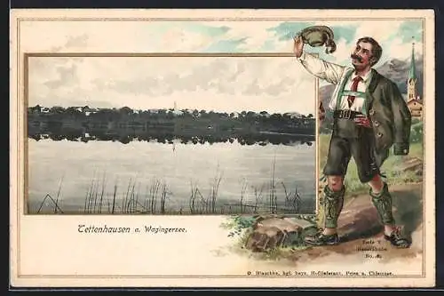 Passepartout-Lithographie Tettenhausen a. Wagingersee, Blick über den See mit Mann in traditioneller Kleidung