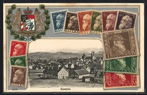 AK Kempten / Allgäu, Totalansicht, verschiedene Briefmarken, Stadtwappen
