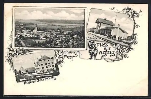 AK Waging, Bahnhof und Schloss Gessenberg