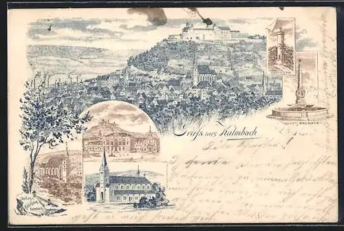 Lithographie Kulmbach, Kunst-Brunnen, Rehturm und Blick über den Ort