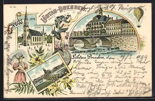 Lithographie Löbtau-Dresden, Brücke, Kirche und Blick über den Ort