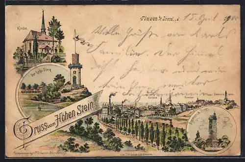 Lithographie Dresden-Plauen, Gasthof Hoher Stein, Bismarck-Turm, Kirche