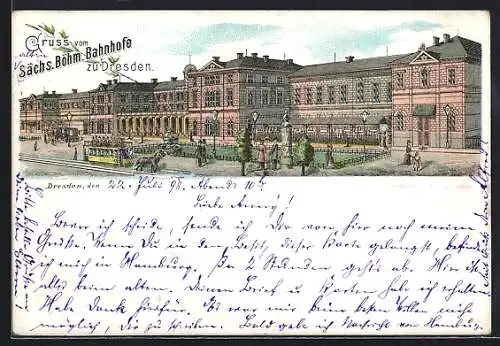 Lithographie Dresden, Sächsisch-Böhmischer Bahnhof mit Strassenbahn