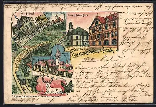 Lithographie Dresden-Loschwitz, Kurhaus Weisser Hirsch, Gasthaus Weisser Adler, Bahnhof und Luisenhof