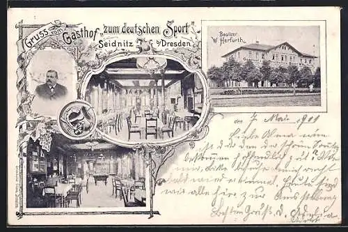 AK Dresden-Seidnitz, Gasthof zum deutschen Sport v. W. Herfurth, Aussen- u. Innenansichten, Porträt