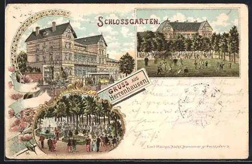 Lithographie Hannover-Herrenhausen, Hotel & Pension Schlossgarten, Beim Spiel auf einer Wiese, Partie aus dem Garten