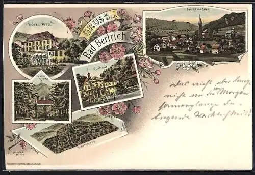 Lithographie Bad Bertrich, Hotel Pitz, Kurhaus, Evang. Kirche, Entersburg