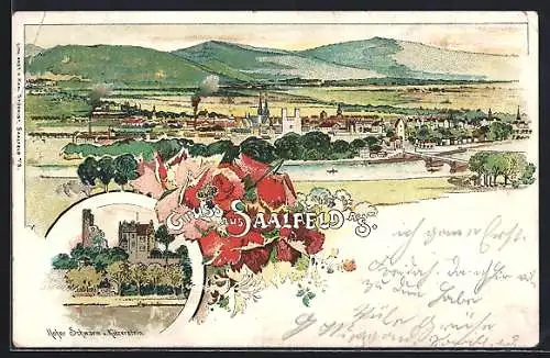 Lithographie Saalfeld / Saale, Hoher Schwarm und Kitzerstein, Panoramablick auf die Stadt