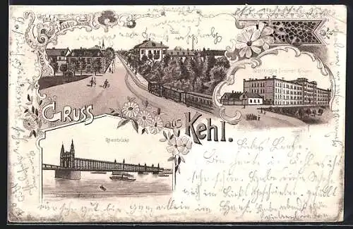Lithographie Kehl, Rheinbrücke und Grossherzog Friedrich Kaserne