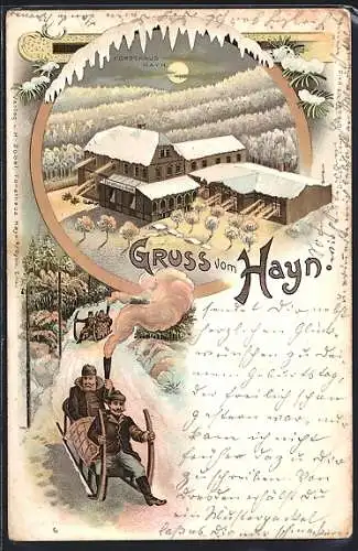 Winter-Lithographie Hayn / Oybin, Forsthaus, Männer auf Schlitten