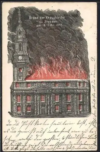 Lithographie Dresden, Brand der Kreuzkirche am 16. Februar 1897