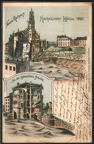 Lithographie Dresden-Löbtau, Hochwasser 1897, Zerstörtes neues Rathaus, zerstörtes Gebäude an der Hohenzollern Brücke