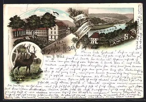Lithographie Ziegelhausen b. Heidelberg, Gasthaus zum Hirsch, Bes. J. Welz