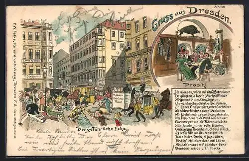 Lithographie Dresden, Gefährliche Ecke, Café Central, Löwen-Apotheke, Strassenbahn