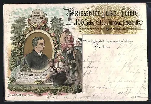 Lithographie Dresden, Priessnitz-Jubel-Feier zum 100. Geburtstag, Neubegründer d. Wasserheilmethode