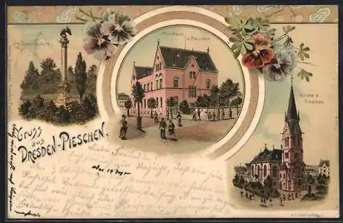 Lithographie Dresden-Pieschen, Pfarrhaus, Kirche, Siegessäule