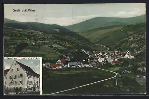 AK Wies / Schopfheim, Gasthaus z. Löwen v. W. A. Kuttler, Ortsansicht aus der Vogelschau