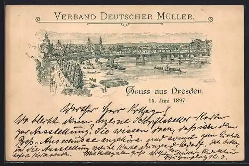 Lithographie Dresden, Verband Deutscher Müller, Ortsansicht mit Frauenkirche