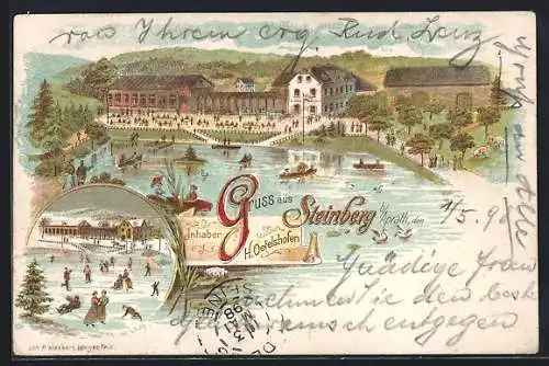 Lithographie Steinberg b. Aprath, Gasthaus v. H. Oetelshofen, Schlittschuhläufer