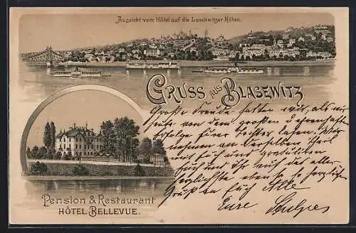 Lithographie Dresden-Blasewitz, Blick über die Elbe auf die Loschwitzer Höhen, Pension & Restaurant Hotel Bellevue