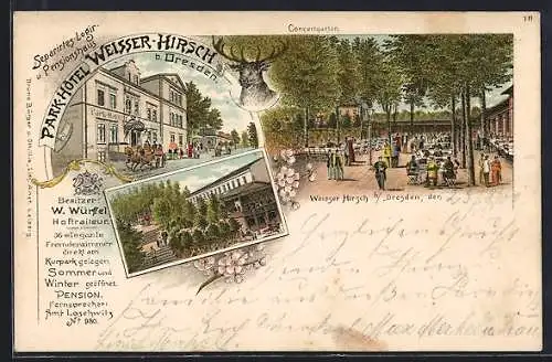 Lithographie Dresden-Weisser Hirsch, Park-Hôtel, Bes.: W. Würffel
