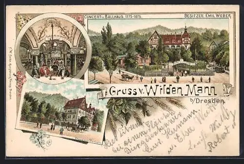 Lithographie Dresden-Trachenberge, Gasthaus Zum Wilden Mann, Eingang zum Waldpark