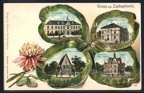 Passepartout-Lithographie Dresden-Zschachwitz, Gasthof, Gemeindeamt, Schule