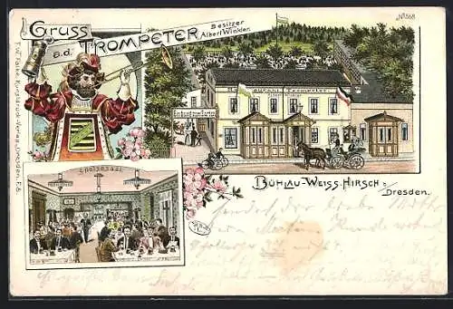 Lithographie Bühlau-Weisser-Hirsch b. Dresden, Gasthaus Trompeter, Albert Winkler, Speisesaal