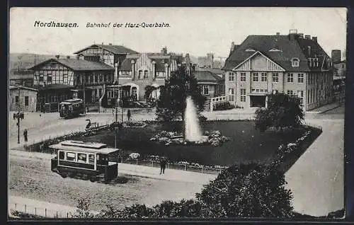 AK Nordhausen, Bahnhof der Harz-Querbahn, Strassenbahnen