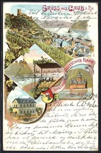 Lithographie Caub a. Rh., Gasthaus z. Deutschen Haus, Ortsansicht mit Rhein