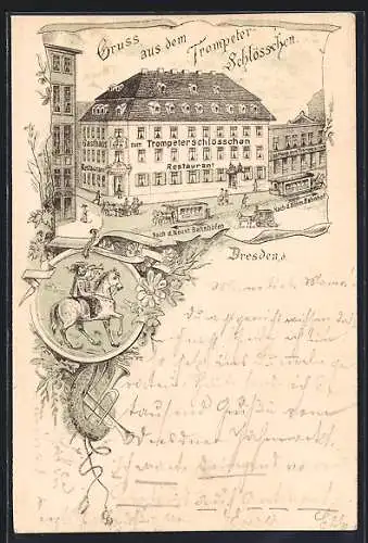 Lithographie Dresden, Gasthaus Trompeterschlösschen mit Strasse und Pferdebahn aus der Vogelschau, Trompeter zu Pferde