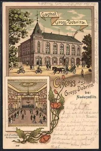 AK Dresden-Gross-Dobritz, Gasthof, Innen- und Aussenansicht, Pferdekutsche