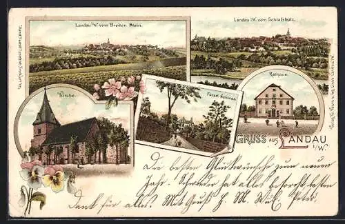 Lithographie Landau / Waldeck, Fürstl. Schloss, Rathaus, Ortsansichten vom Breiten Stein u. vom Schlafsholz
