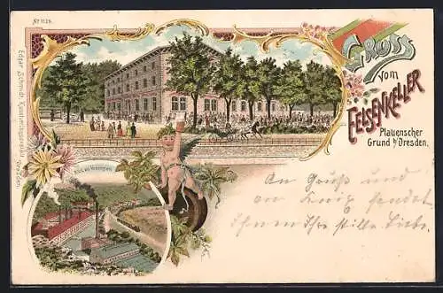 Lithographie Dresden, Gasthaus Felsenkeller mit Garten, Blick vom Hohenstein