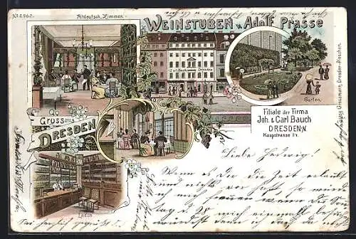 Lithographie Dresden-Neustadt, Gasthaus Weinstuben Adolf Prasse, Hauptstrasse 24
