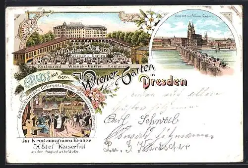 Lithographie Dresden-Neustadt, Hotel Kaiserhof an der Augustusbrücke & Restaurant Wiener-Garten, Neustädter Markt 12